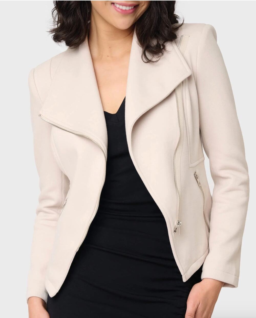 NEW Gibsonlook Stretch Knit Moto Jacket Sz L Tan Beige Dune Asymmetric Zip Biker